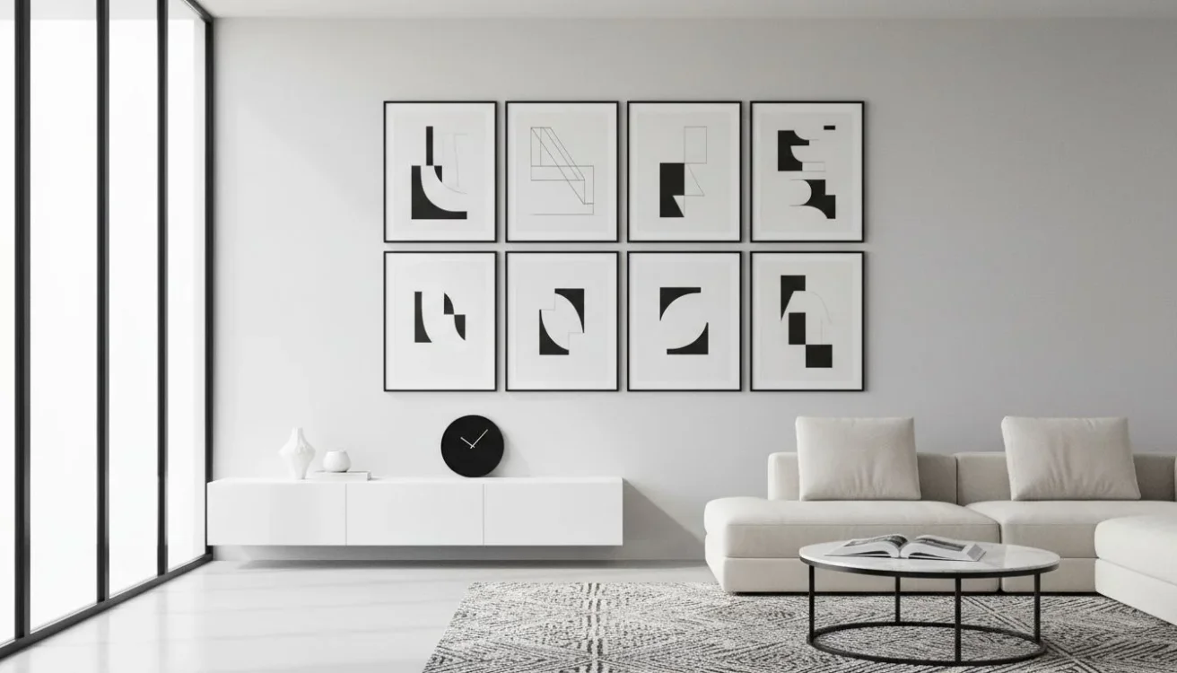 Minimalist grid wall art in modern living room