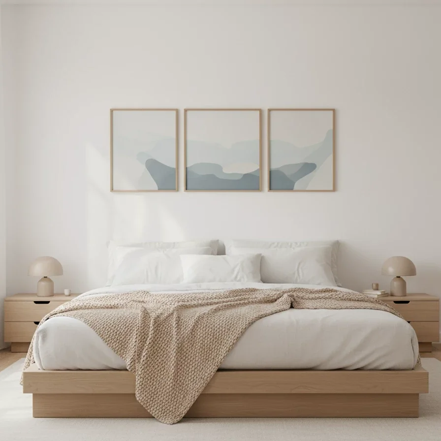 minimalist bedroom with abstract triptych above wood platform bed