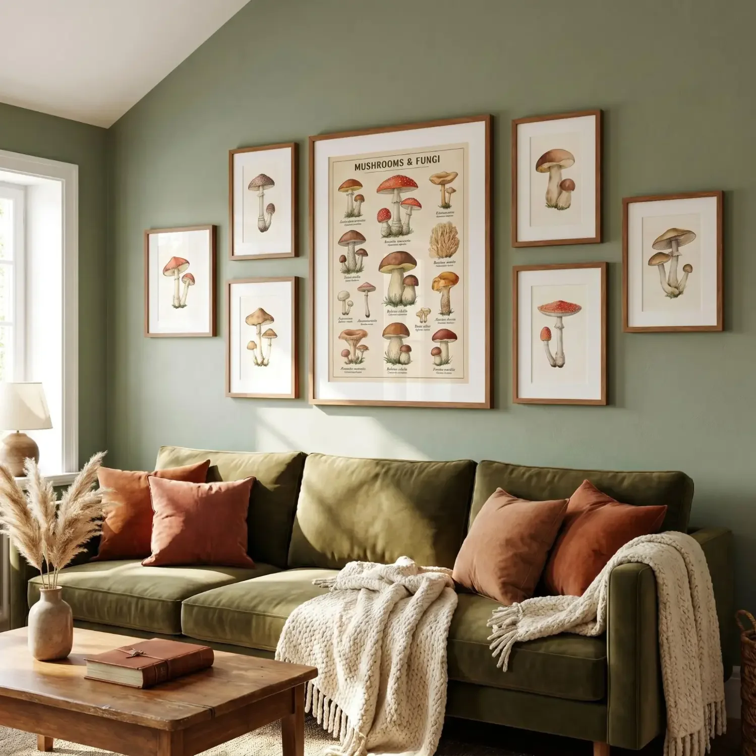 Mushroom botanical art gallery wall in living room
