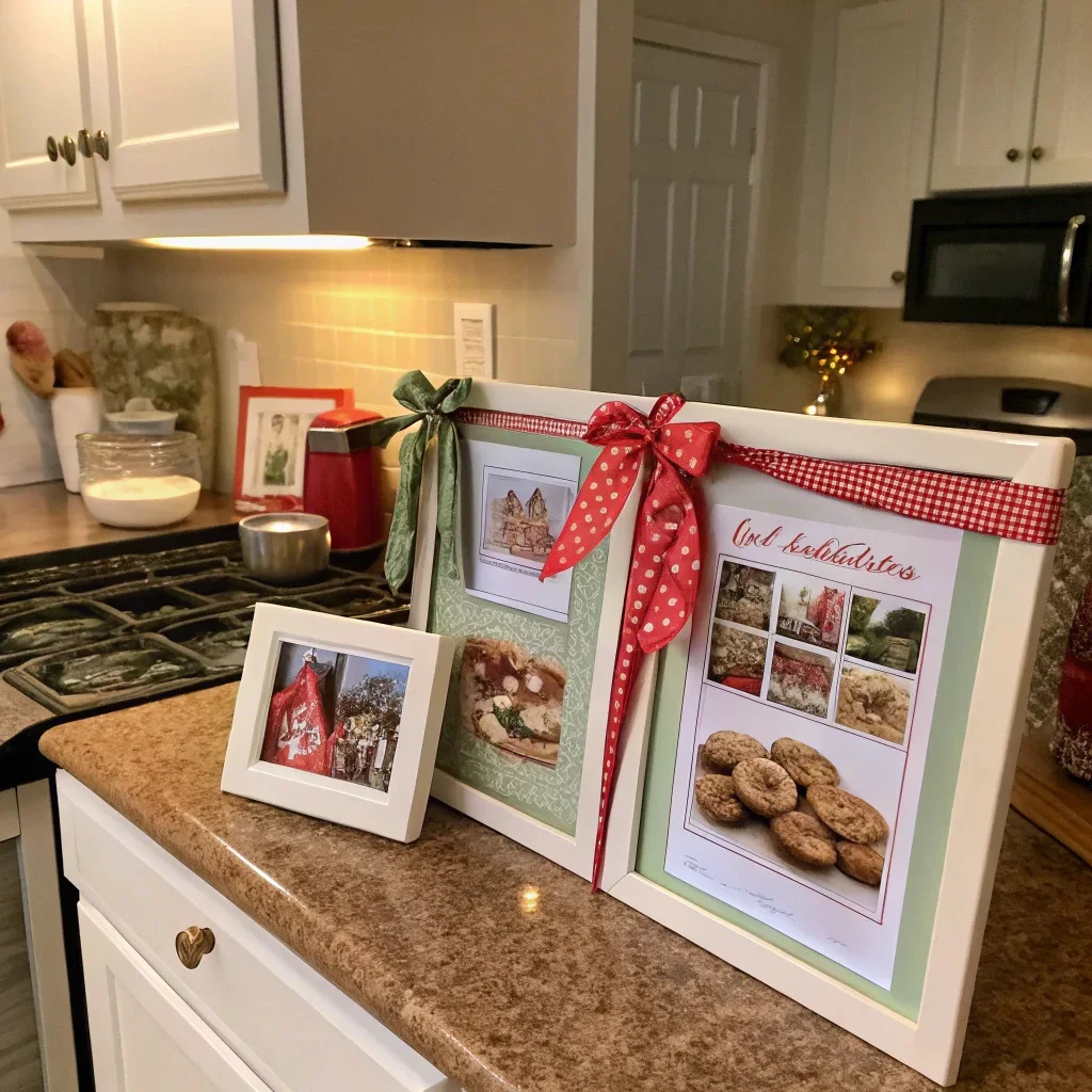 A holiday kitchen with a small photo cluster near the breakfast nook, cookie-baking and cocoa-night images, and tea towels and ribbon accents that match the frame color; tiles placed safely away from splashes and heat.