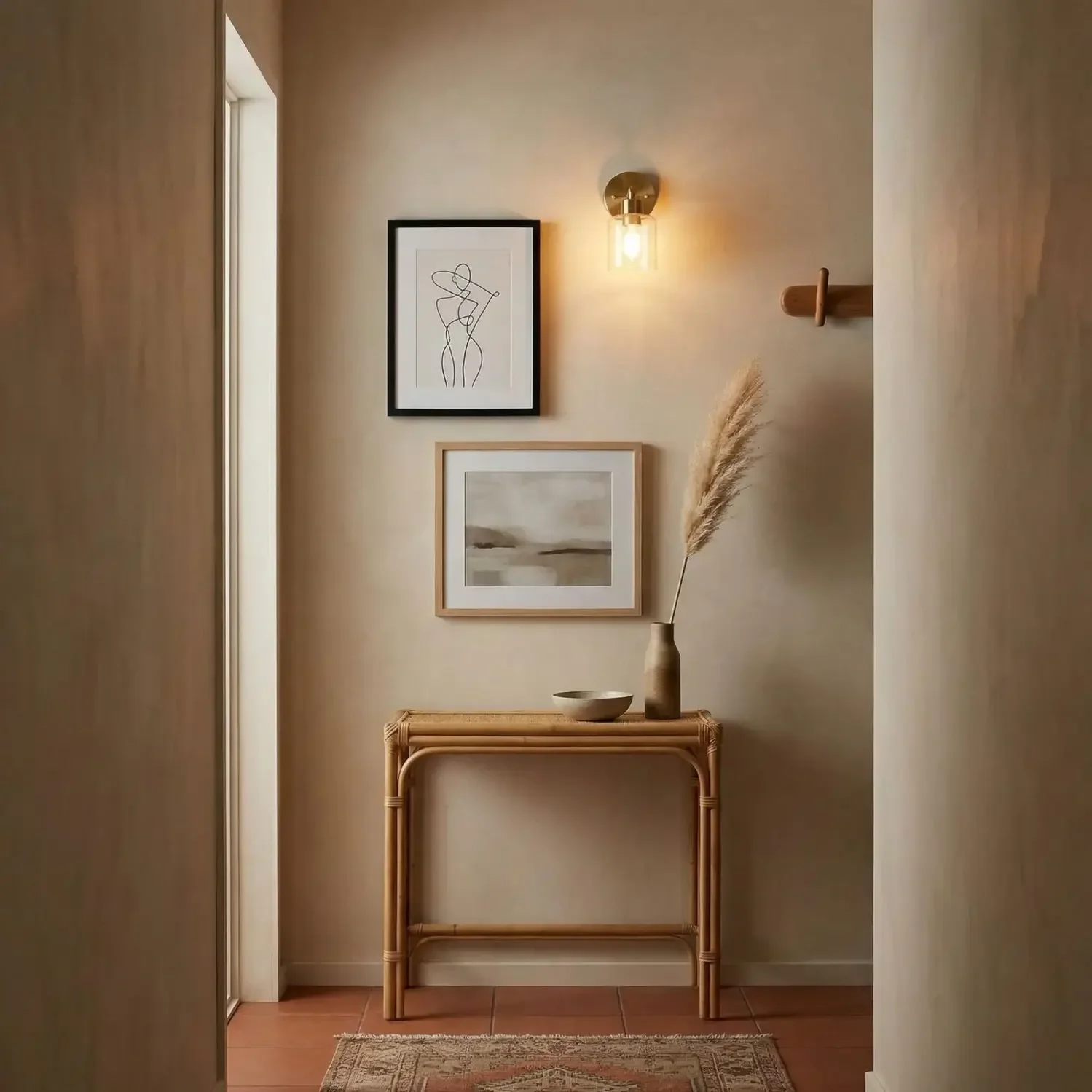 Offset stack of framed pictures in MCM entryway