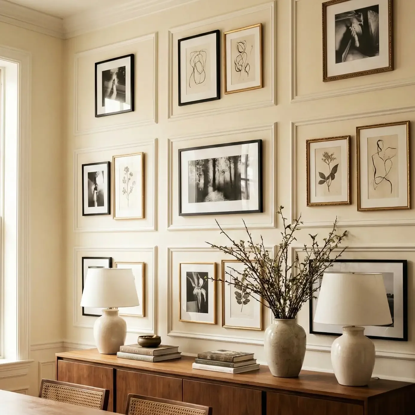 Framed art arrangement on paneled wall with console decor.