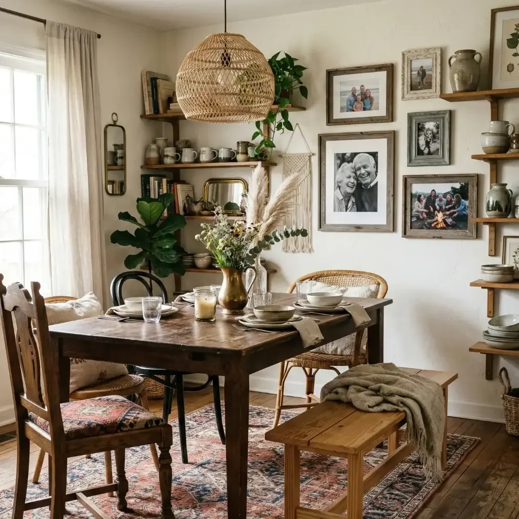Cozy dining nook with family photo wall and open shelving