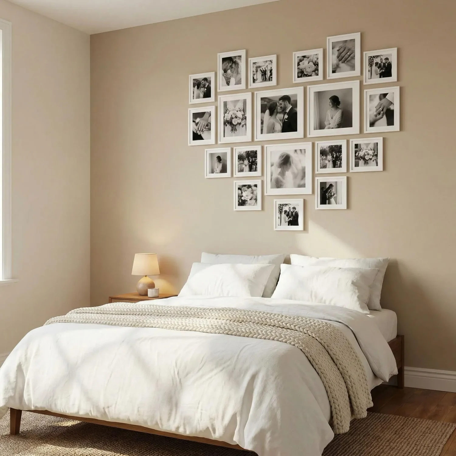 Heart-shaped wedding photo collage above bedroom bed