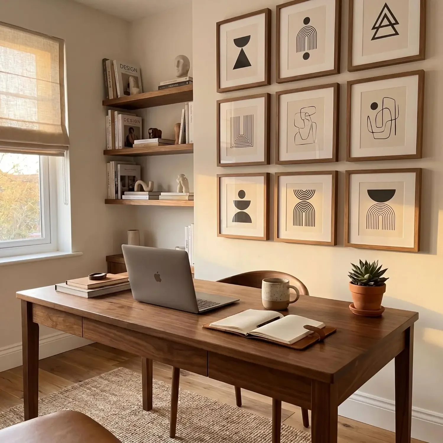 Home office with geometric line art framed pictures