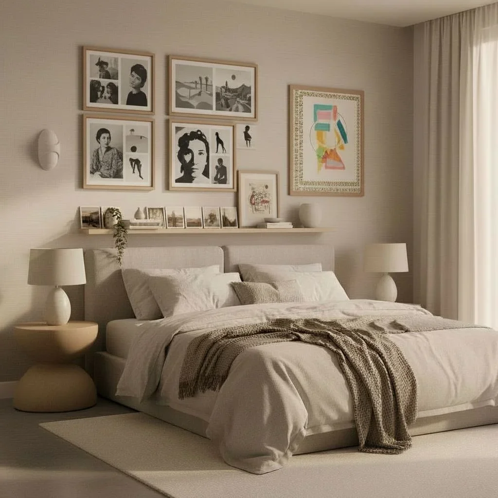 Vintage-inspired bedroom with retro photo arrangement