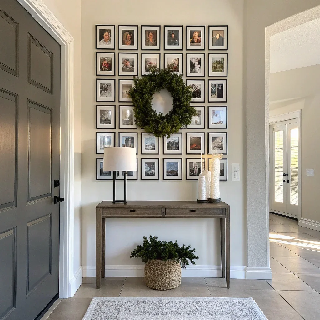 A festive entryway with a tight grid of portrait tiles at eye level, a small wreath above the center tile, and a narrow console table styled with greenery for a welcoming first impression.
