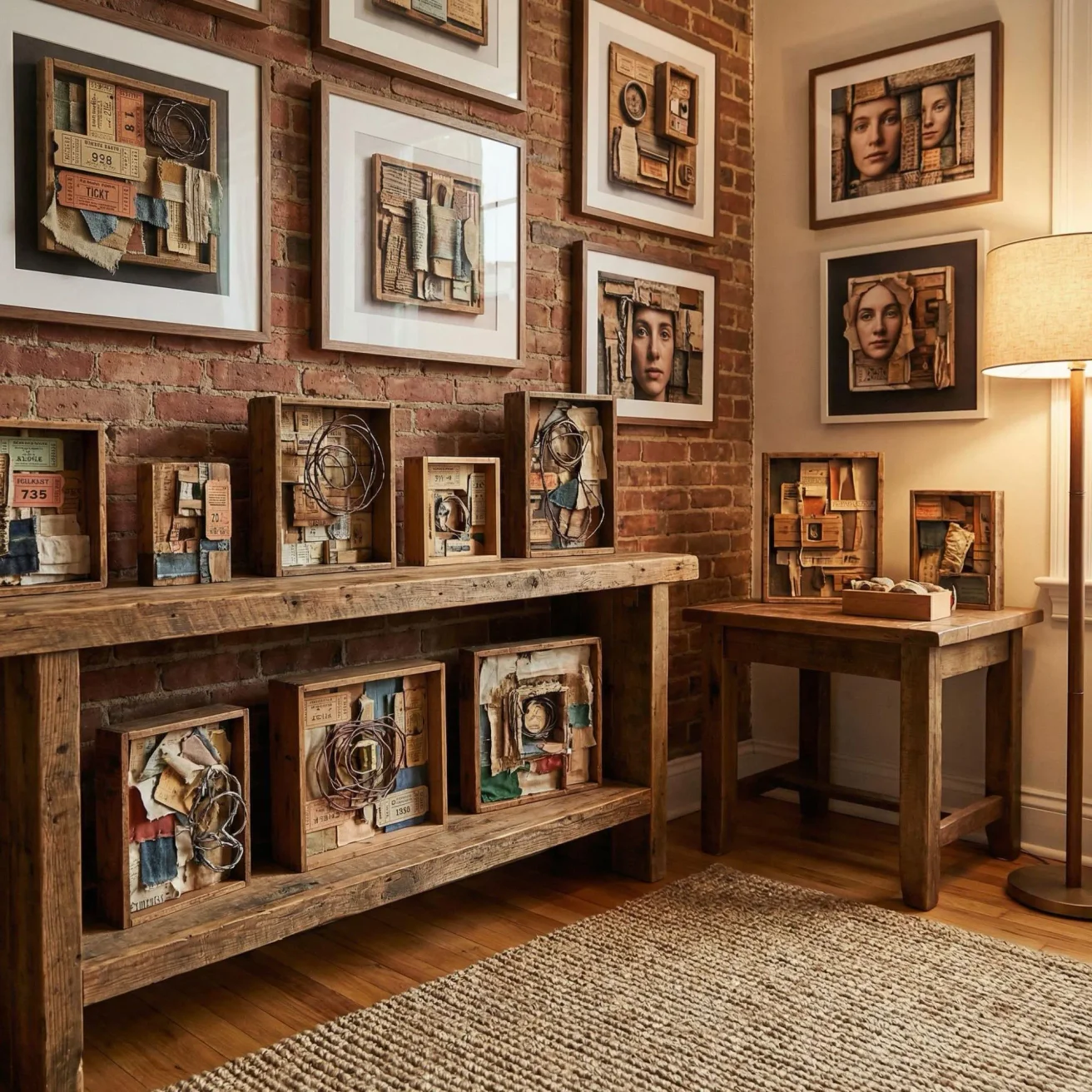 3D assemblage artworks displayed on home shelf