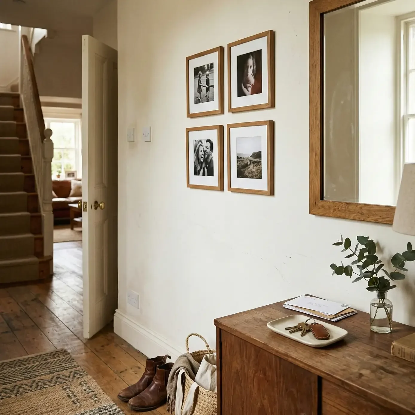 Entryway with wood console, mirror, and framed photo quartet