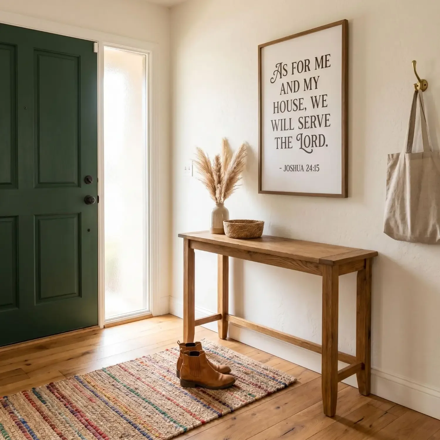 Bible verse framed art in a warm home entryway