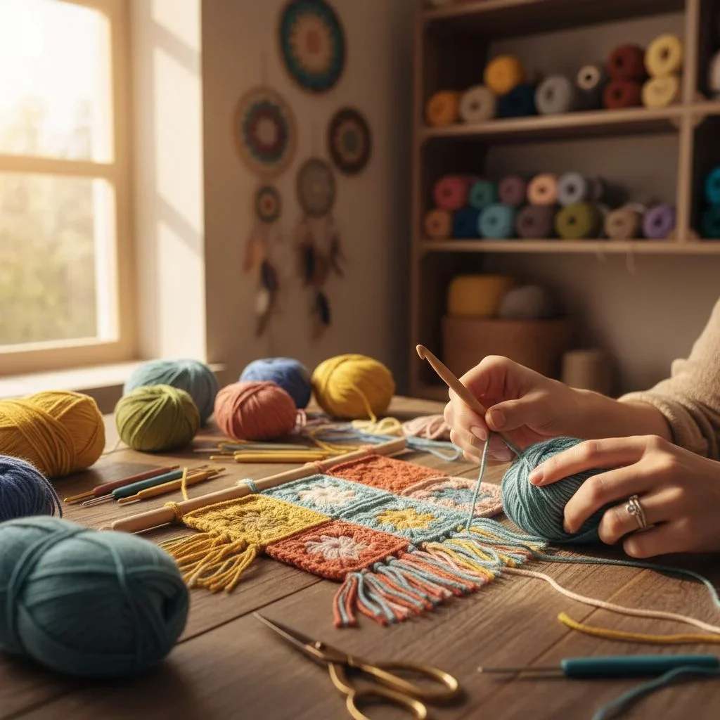 Textured and colorful crochet wall hangings in a living room