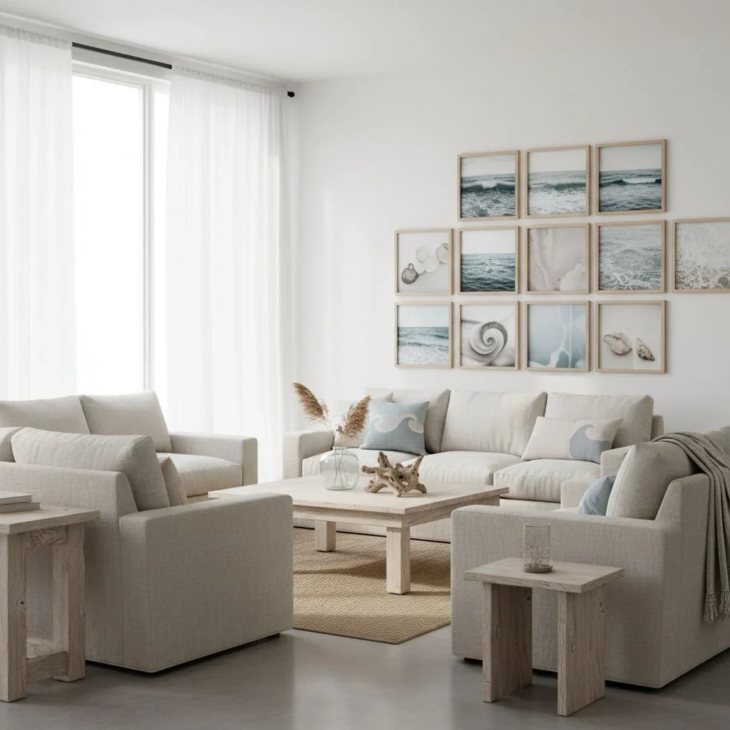 Coastal living room with driftwood and maple frames
