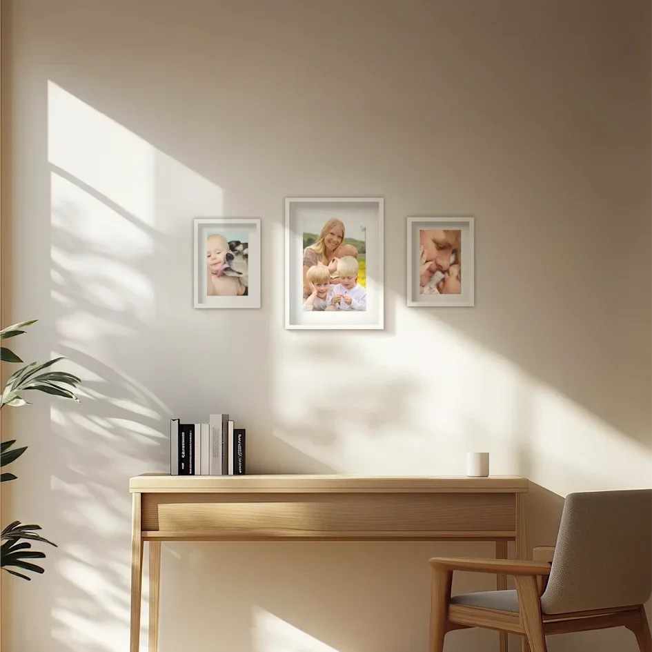 A clean, minimalist display of family moments