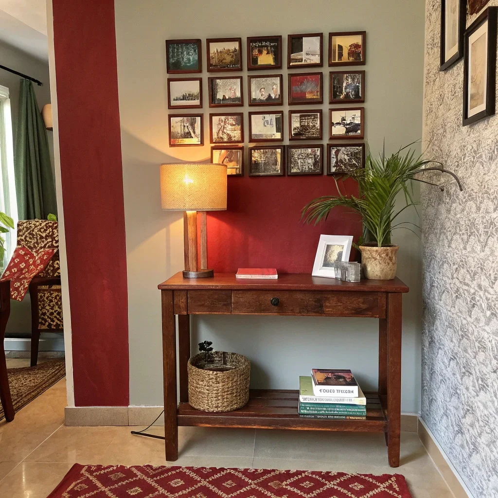 Small apartment corner with one saturated accent wall and a compact grid of photo tiles above a slim console.