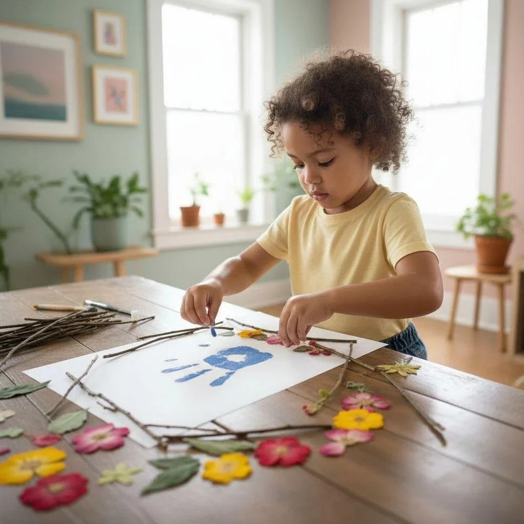 child arranges sticks and flowers around blue handprint