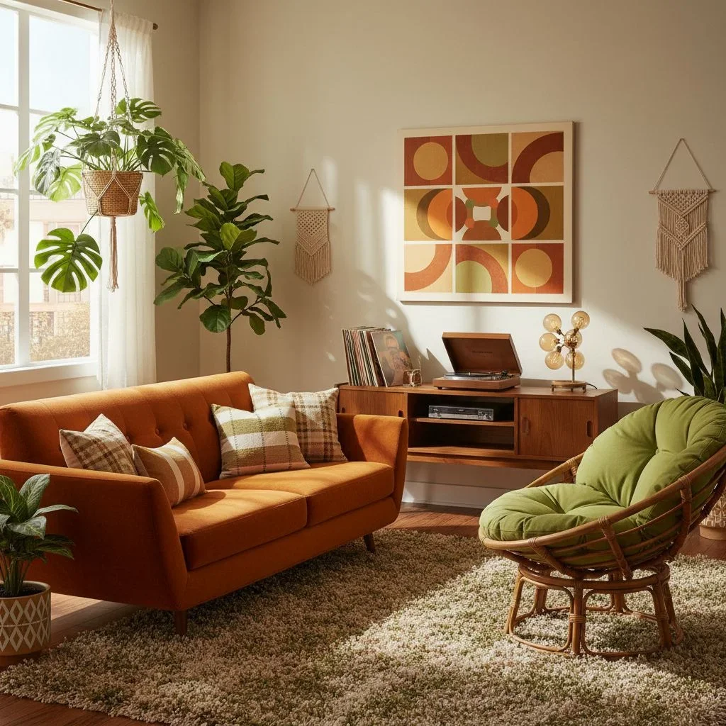Warm, earthy 1970s living room with plants