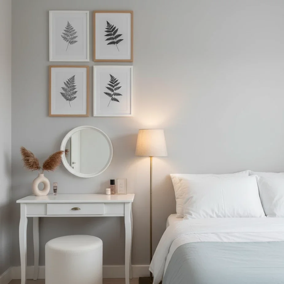 vanity nook with round mirror and four fern prints beside bed