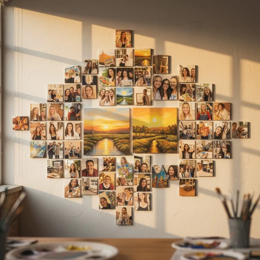 sunlit photo collage surrounds triptych landscape on studio wall