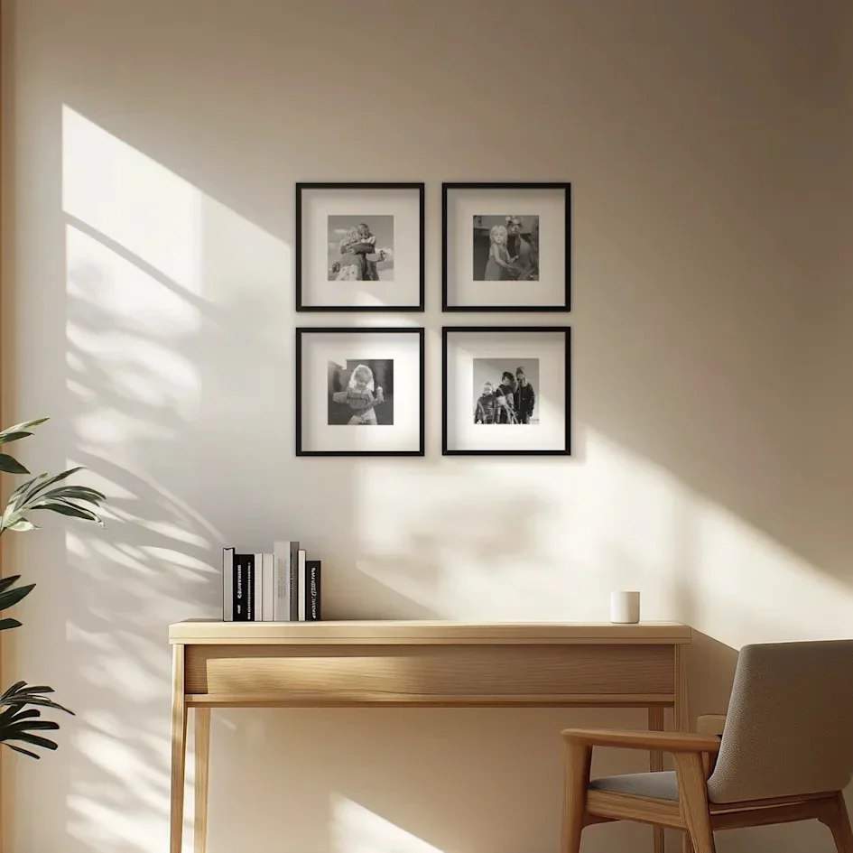 Minimal workspace with four black-and-white photos on the wall