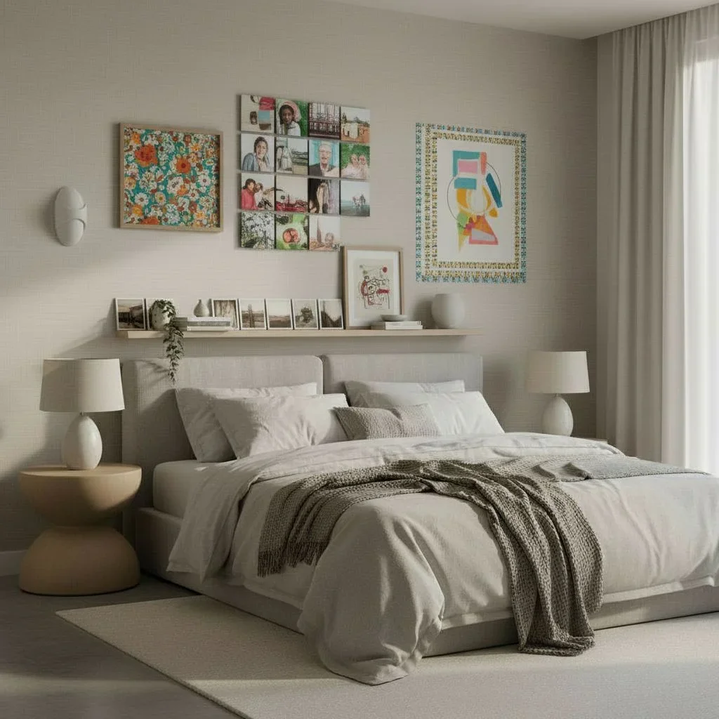 DIY wall art and photo tiles in creative bedroom setup