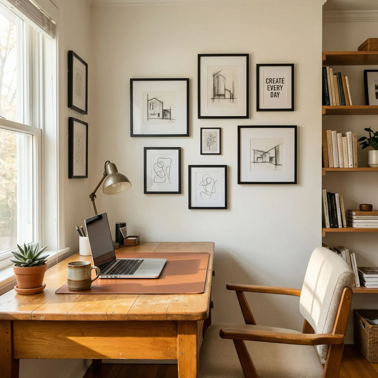 Charcoal framed art above home office desk