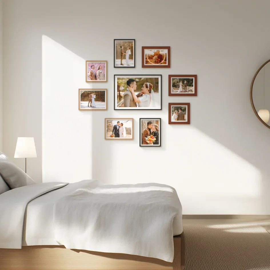 Wedding photo gallery wall above a sunlit bed