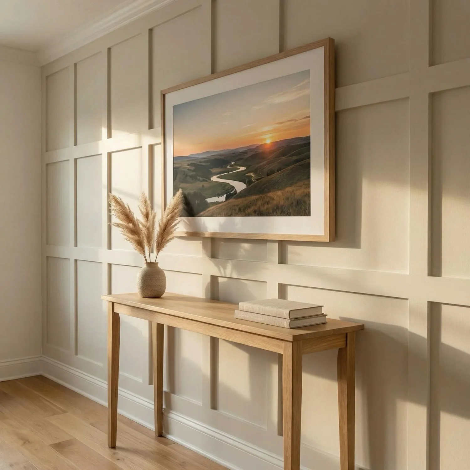 Board and batten wall texture with centered framed photo