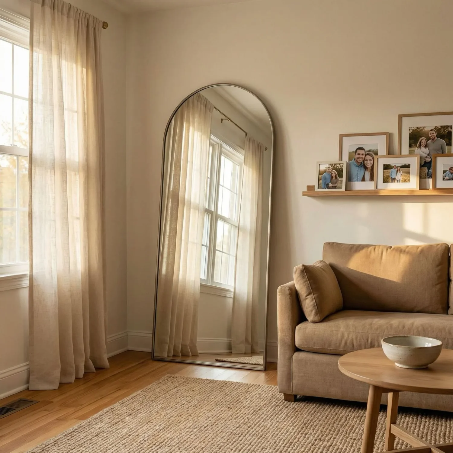 Arched floor mirror reflecting light in living room