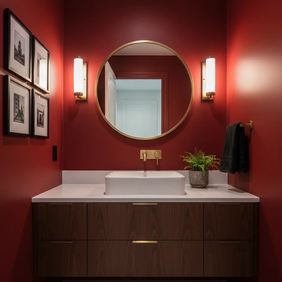 Bold red powder room with round mirror and modern vanity