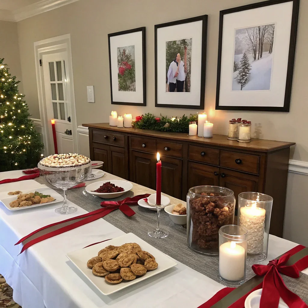 A Christmas dining room with symmetrical photo tiles flanking a buffet, a coordinated tablescape with matching ribbon, candles, and napkins, and close-up culinary images for a cozy, food-focused theme.