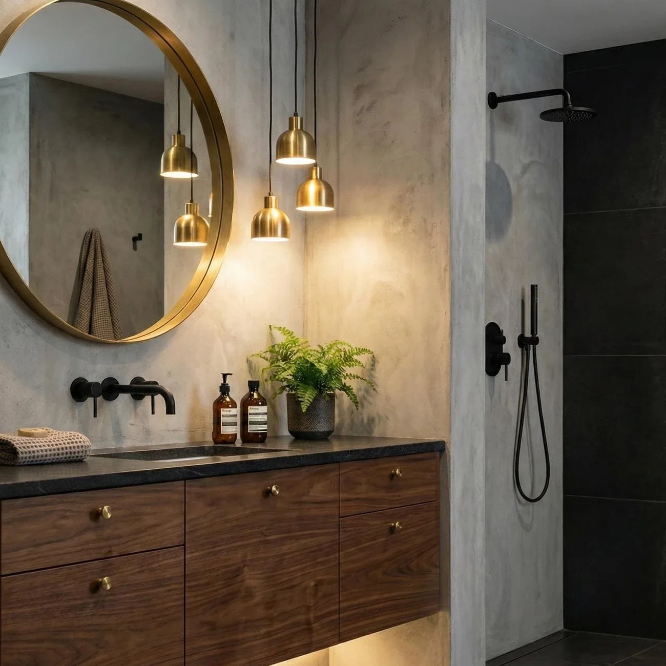 Sleek bathroom featuring warm lighting and matte black fixtures
