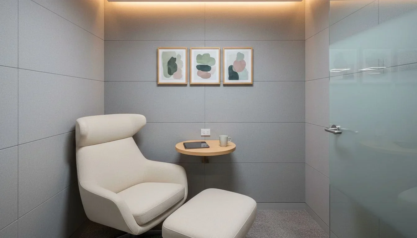 Huddle room with soft art trio in compact space