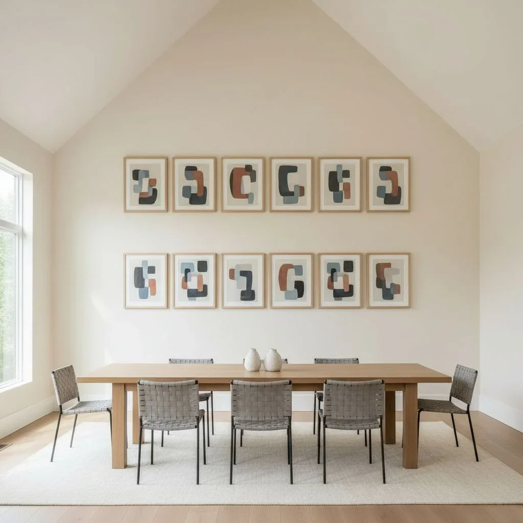 Tall dining room with eye-level art rows