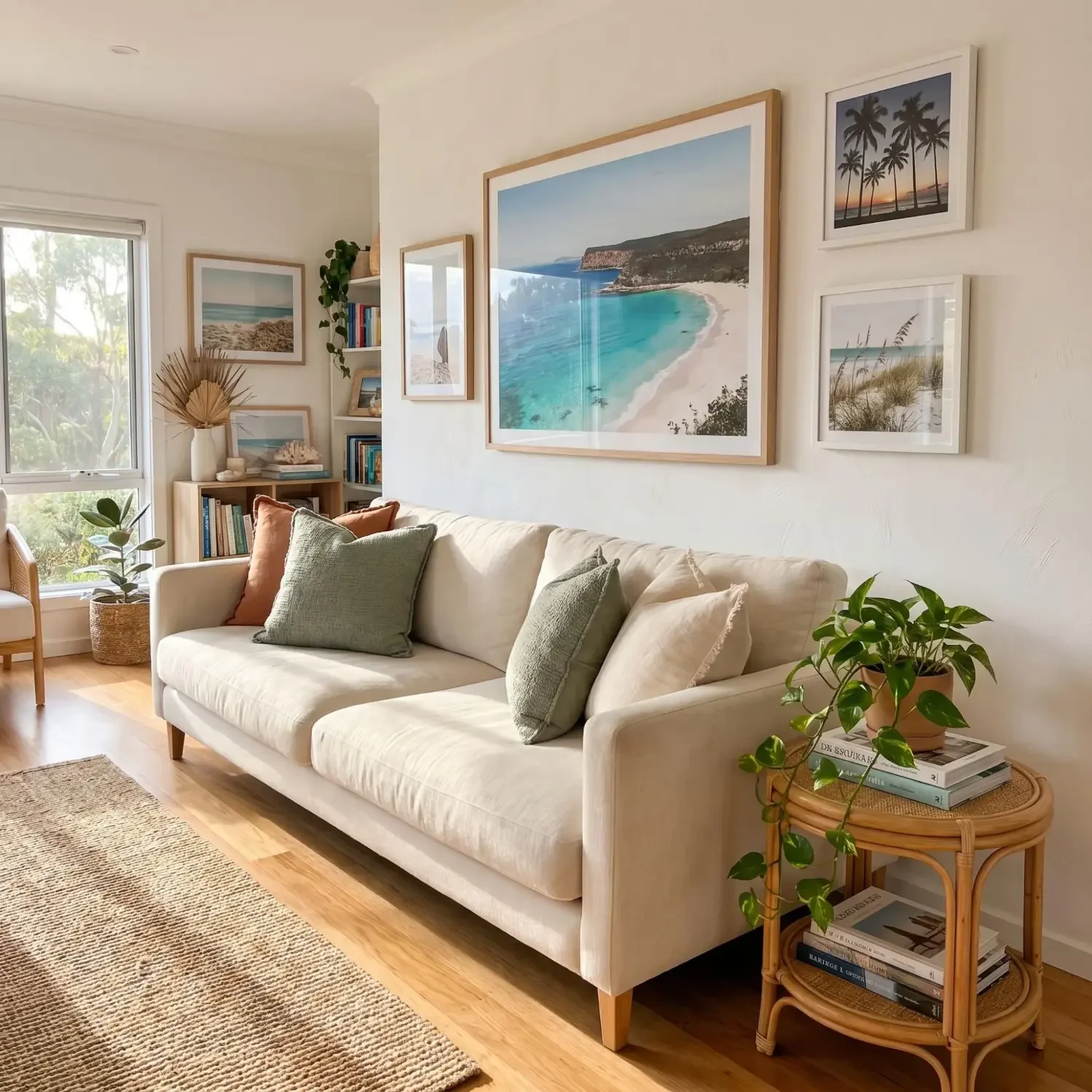 Tropical beach framed art gallery wall above sofa