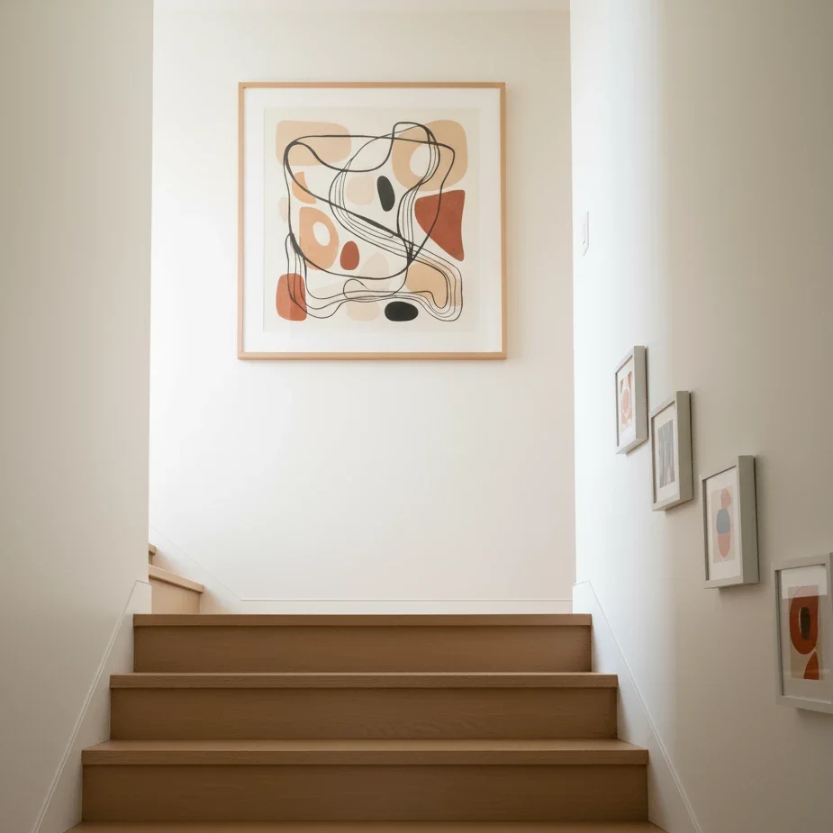 minimalist staircase with oversized abstract art at landing