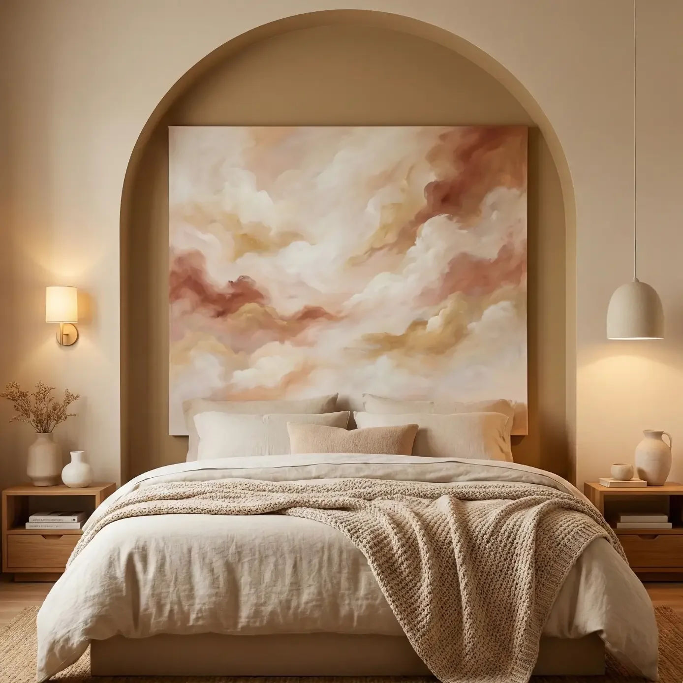 Neutral bedroom with arched niche and large abstract painting