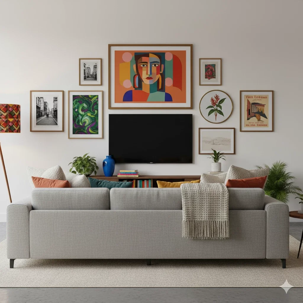 gallery wall with colorful art framing tv above gray sofa