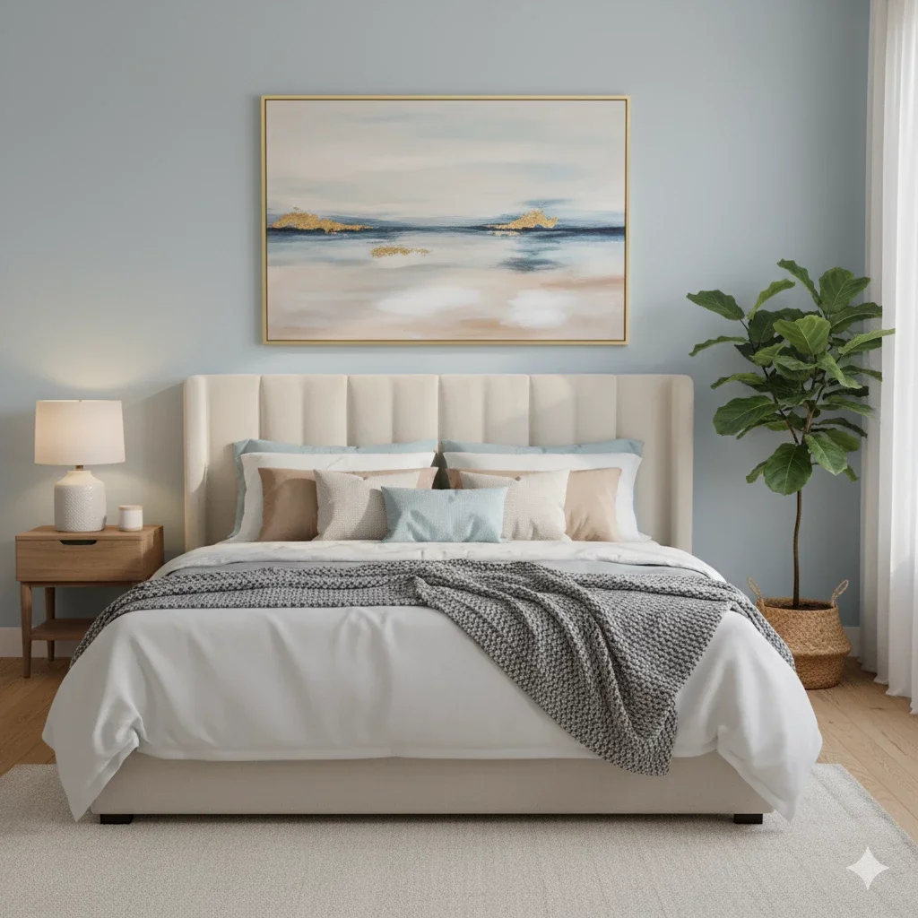 large coastal painting over cream bed and nightstand lamp