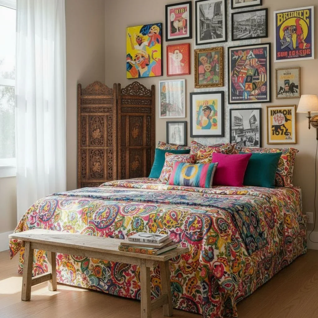 Maximalist gallery wall in bedroom