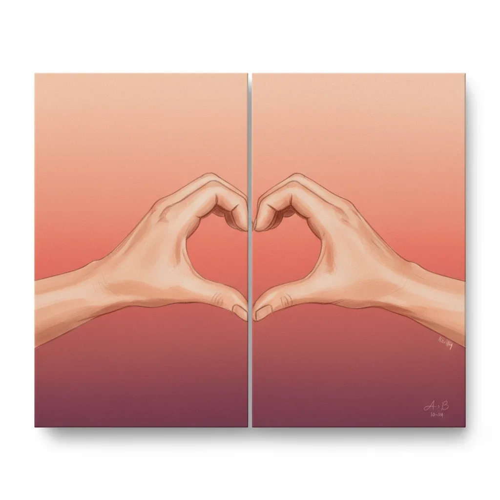 two hands form heart across split canvas