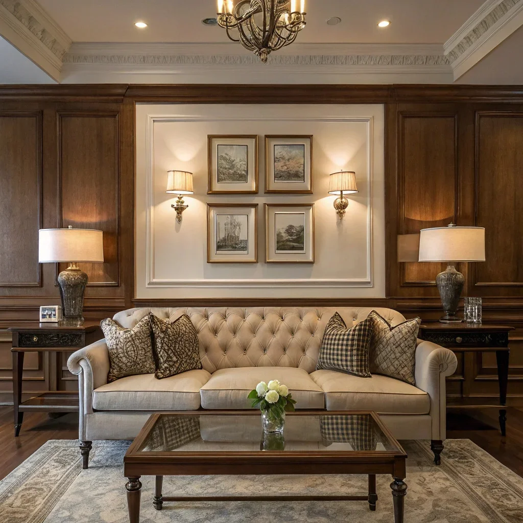 A warm traditional living room with symmetrical décor, featuring paired lamps flanking a tailored sofa, rich wood furniture, classic millwork, and layered lighting from a chandelier and shaded table lamps, creating an elegant yet inviting atmosphere.