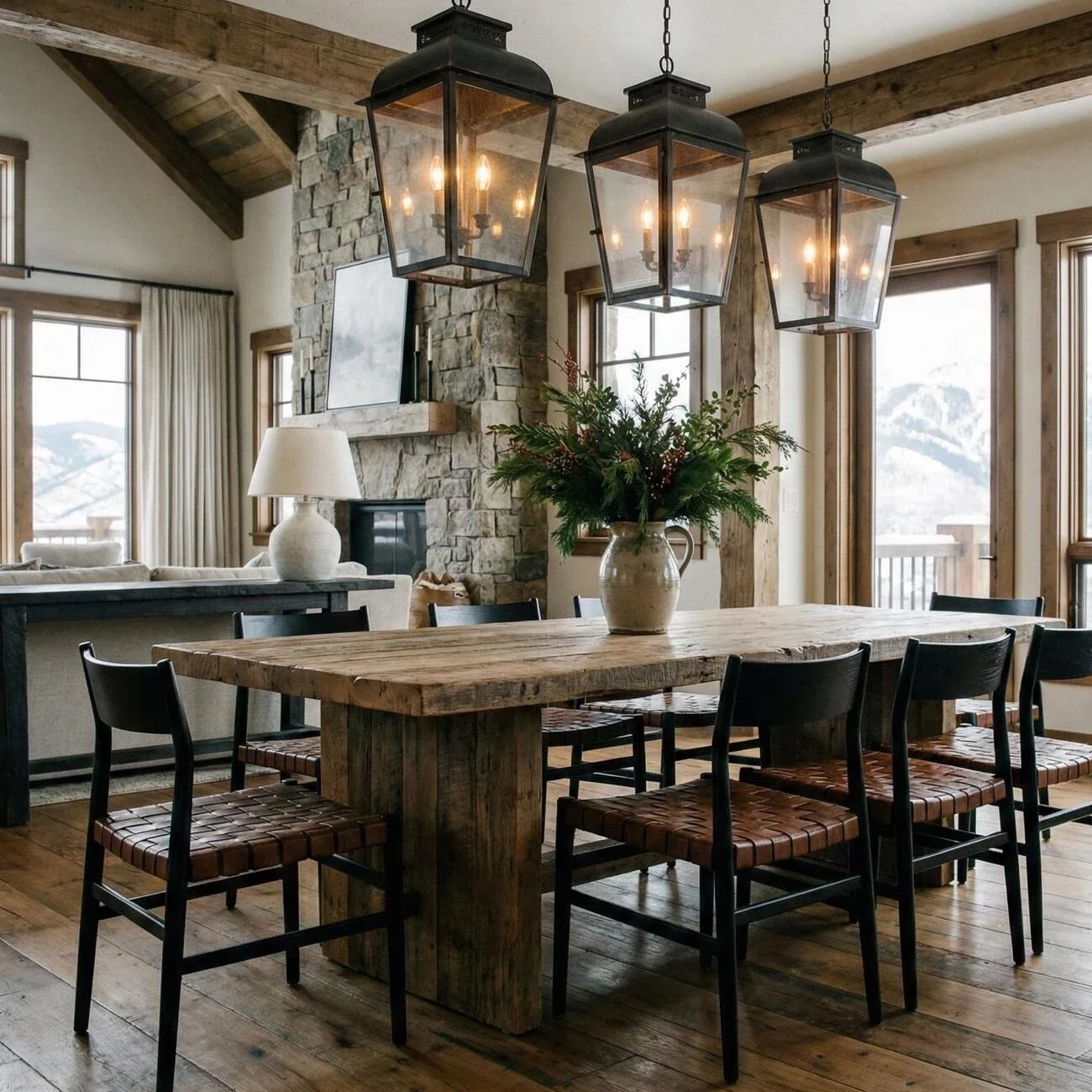 Warm lodge-style dining space with timber beams and mountain views