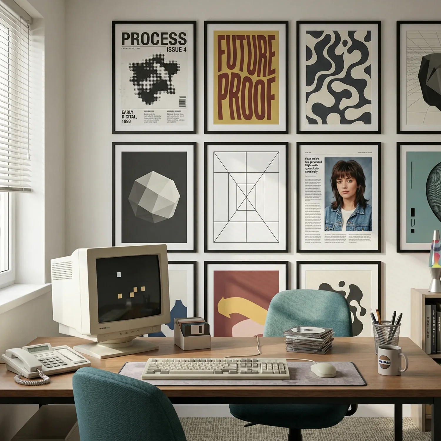 Home office with retro computer and framed poster gallery