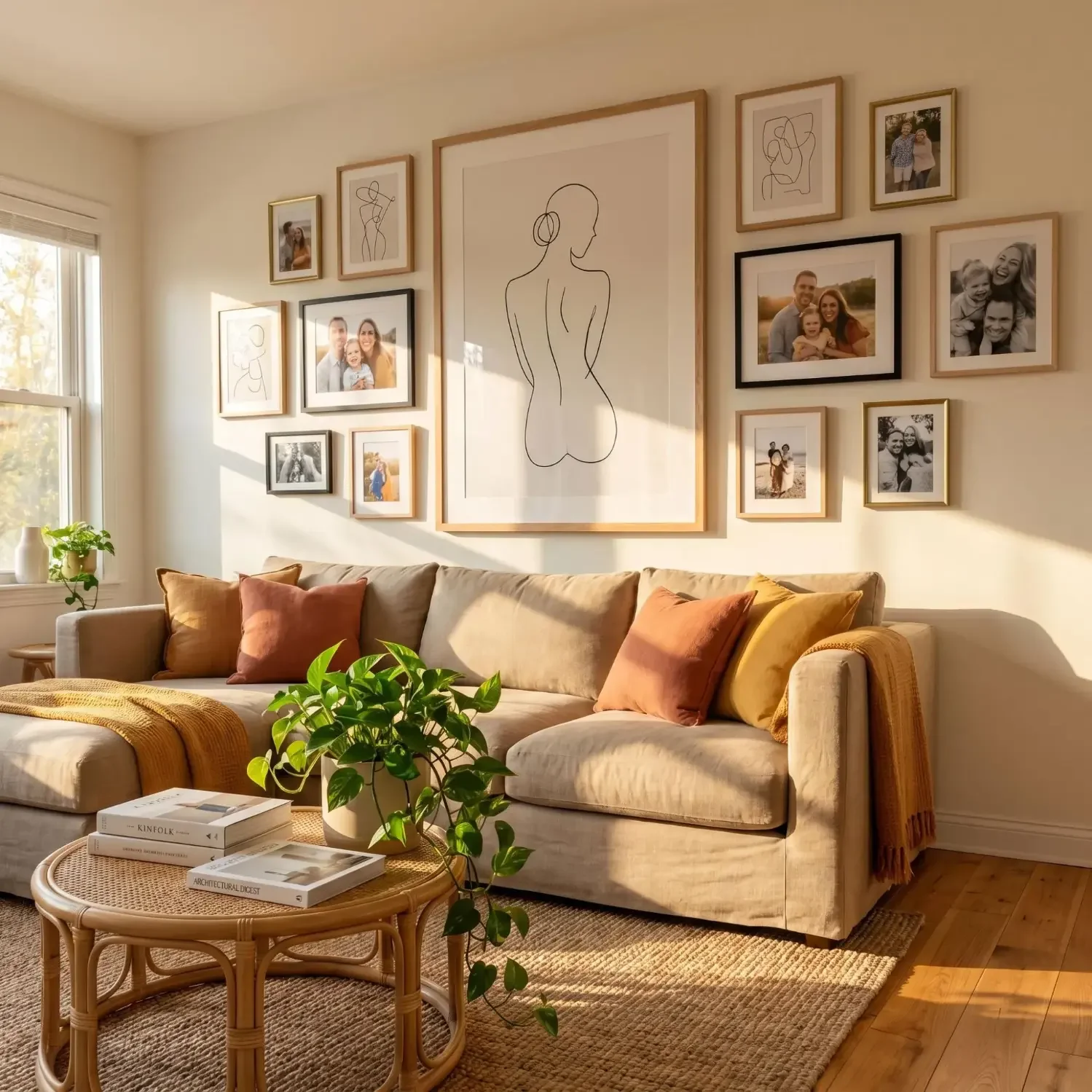 Living room gallery wall with line art framed photos