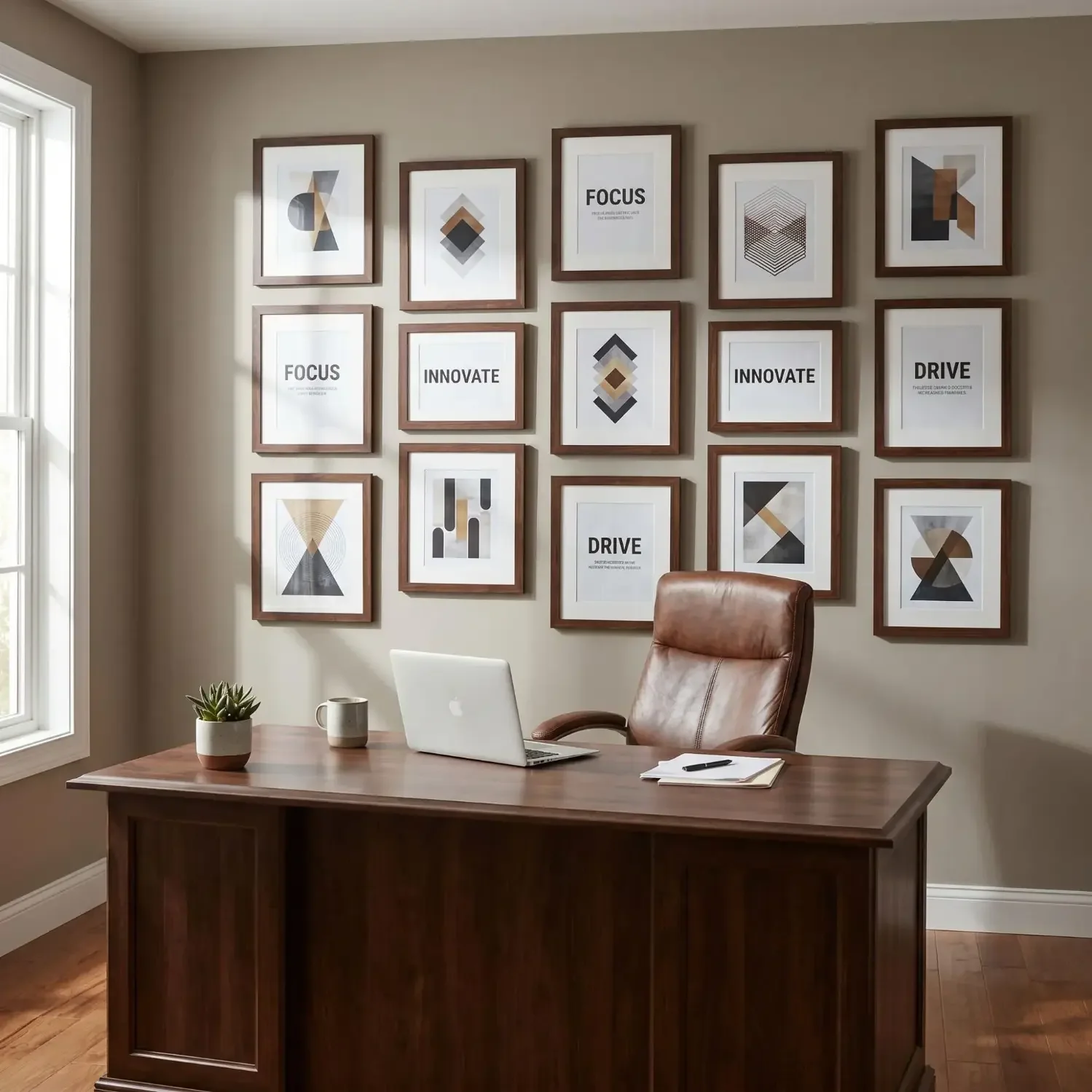 Motivational framed art gallery wall behind office desk