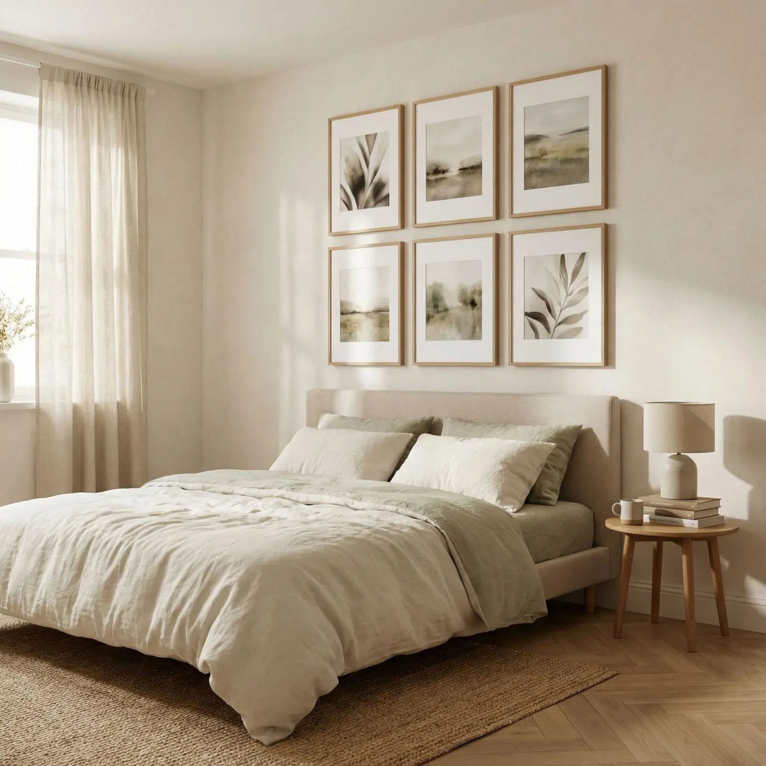 3x2 framed photo grid above bedroom headboard