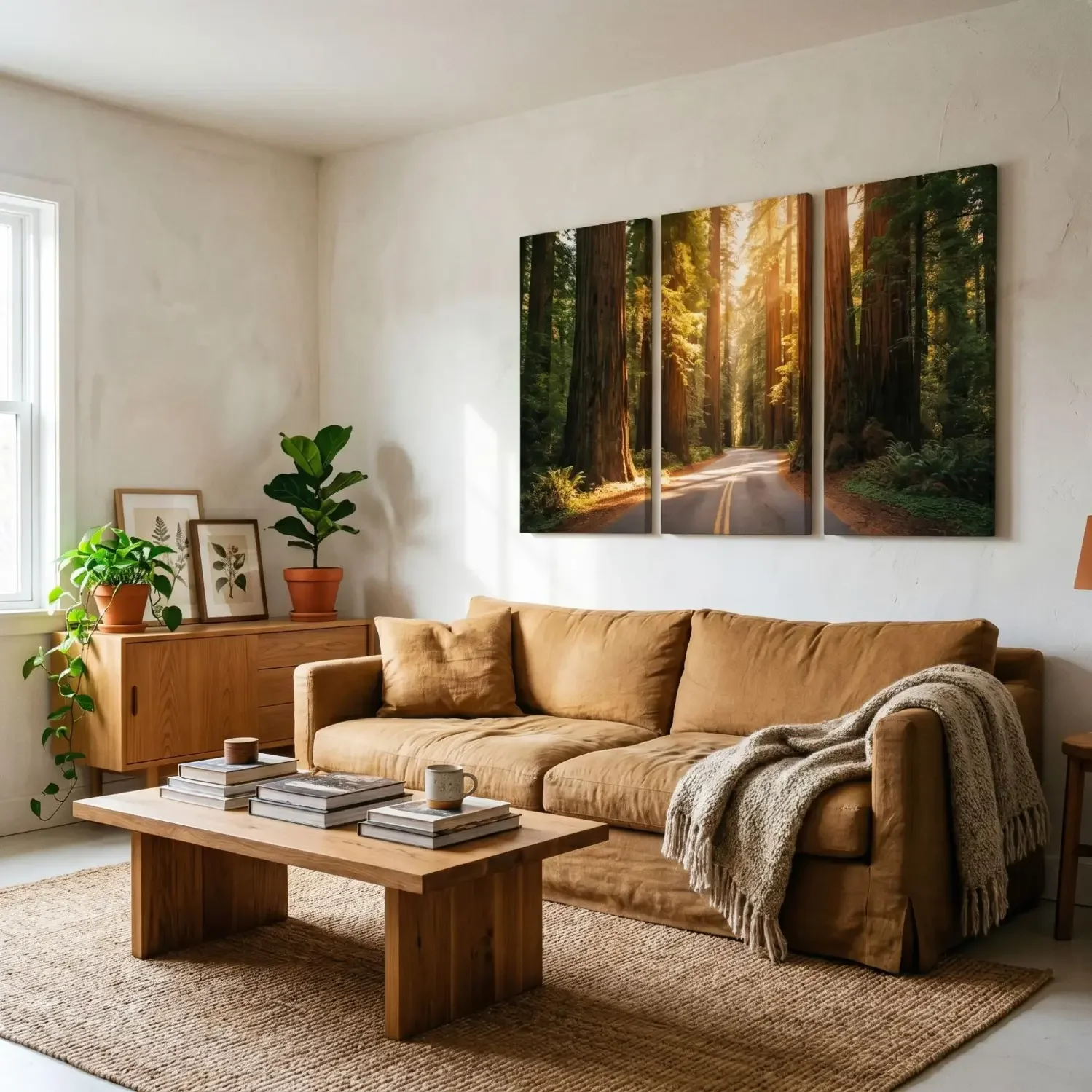 Forest triptych canvas above sofa in living room