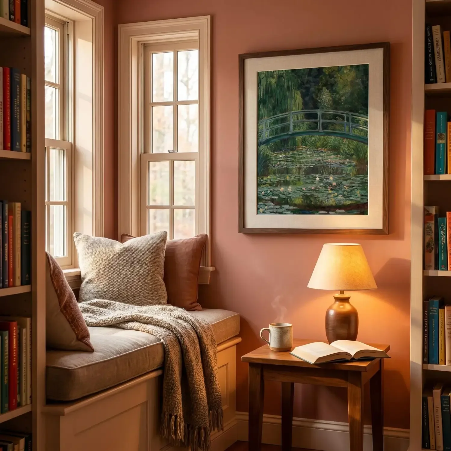 Monet Japanese Bridge framed art in a reading nook