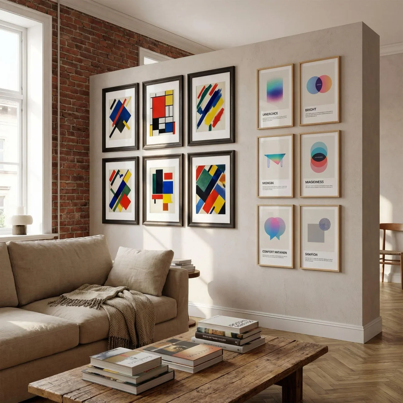 Modern vs contemporary art framed on living room wall