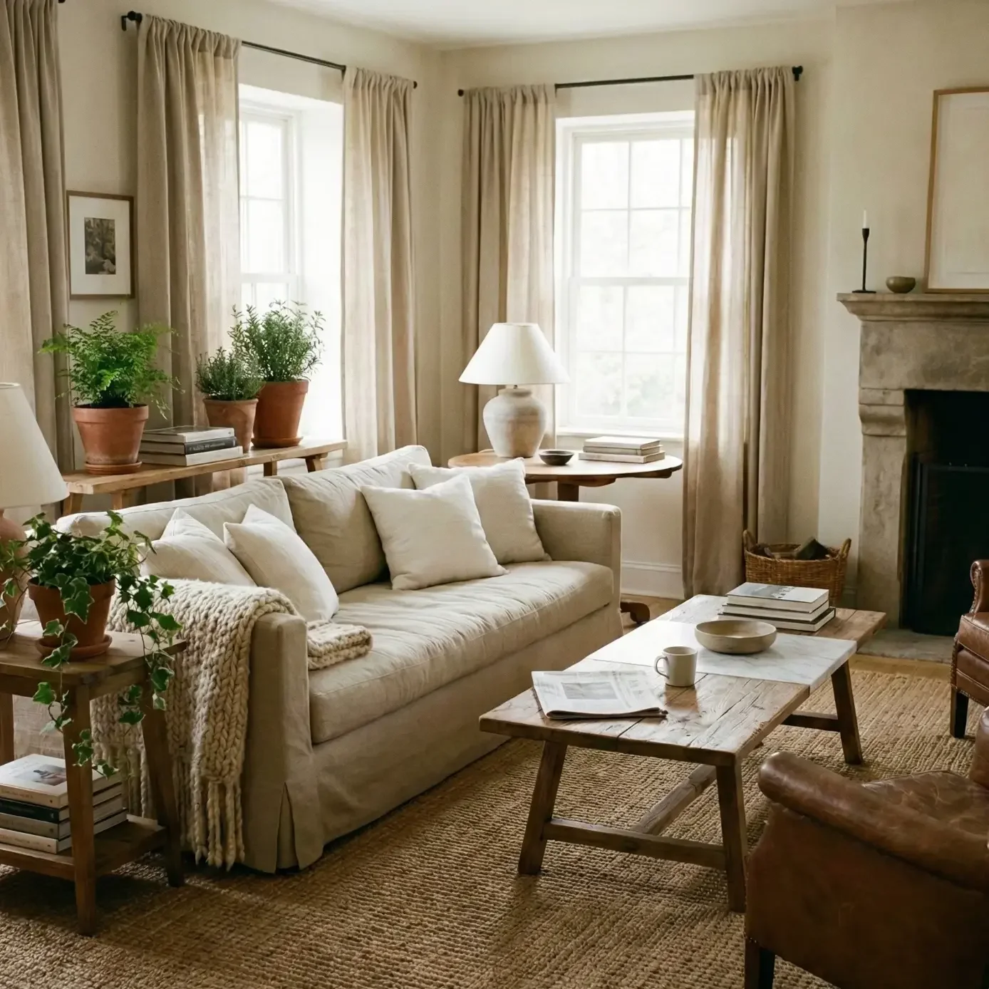 Neutral living room with linen sofa, jute rug, and fireplace